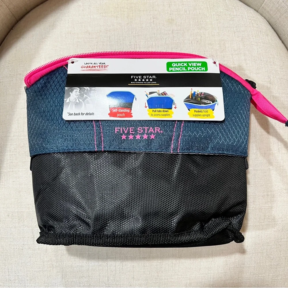 Five Star Quick View Pink and Blue Pencil Pouch NWT
